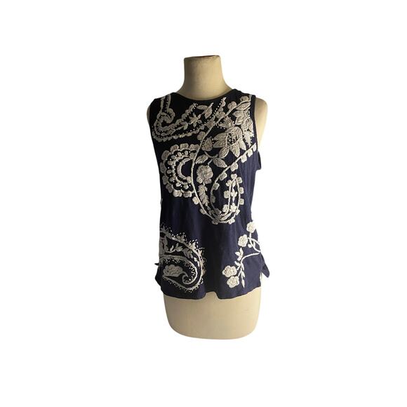 Boho Festival Embroidered Navy Sleeveless Tank Top Lucky Brand Medium - Picture 2 of 5
